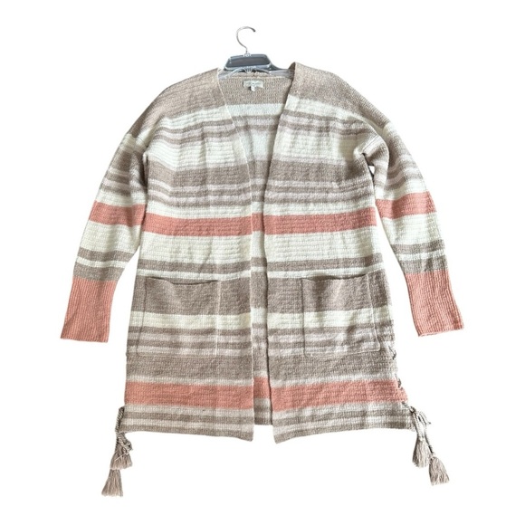 Lucky Brand Striped Open Front Cardigan Sweater Pastel Taupe Pink Wool Linen Med - Picture 9 of 16